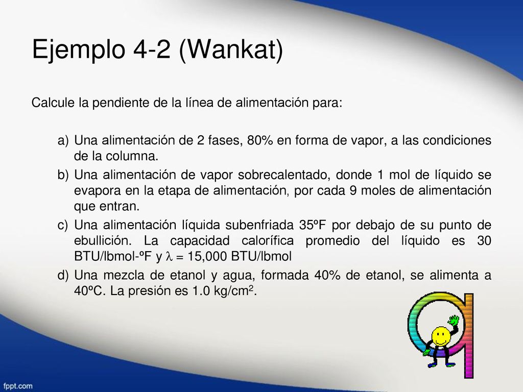 Ejemplo 4-2 (Wankat) Calcule la pendiente de la línea de alimentación para: