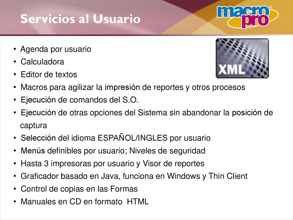 Servicios al Usuario Agenda por usuario Calculadora Editor de textos