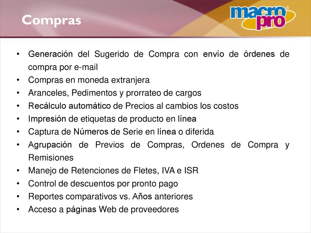 Compras Generación del Sugerido de Compra con envío de órdenes de compra por  . Compras en moneda extranjera.