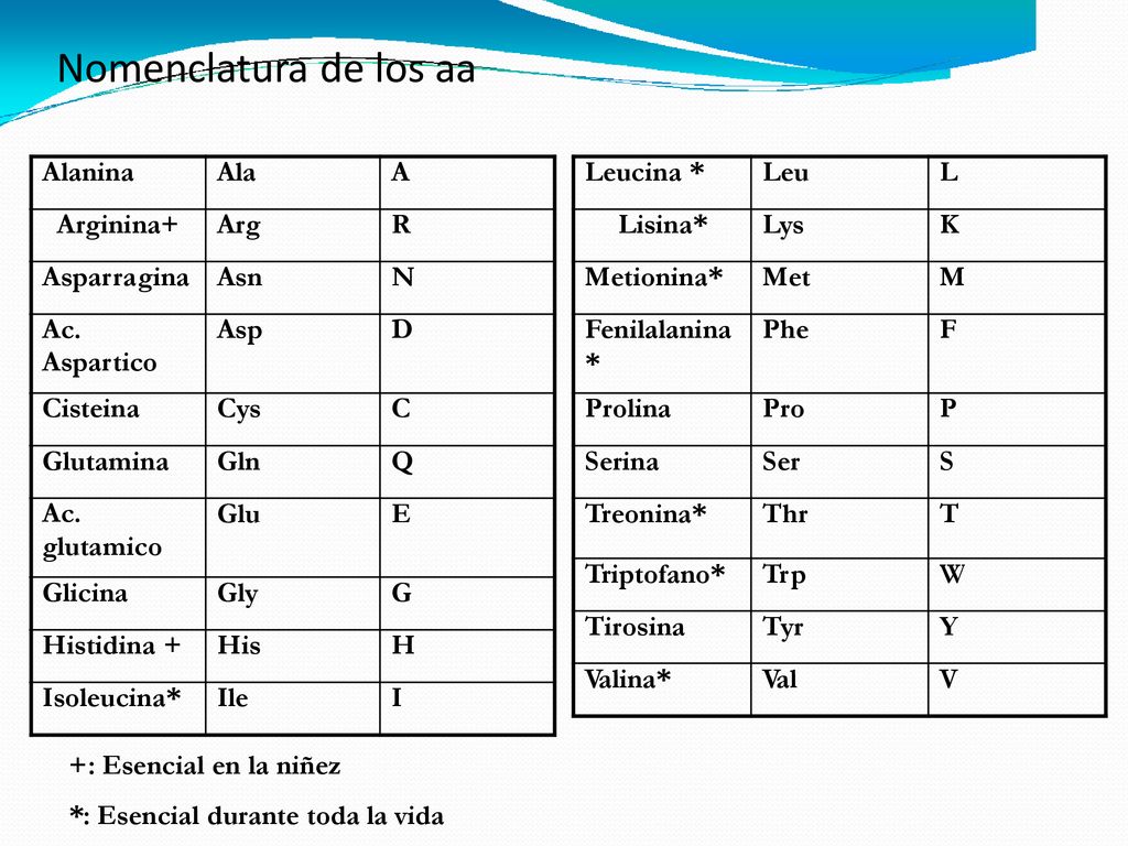 Nomenclatura de los aa +: Esencial en la niñez Alanina Ala A Leucina *