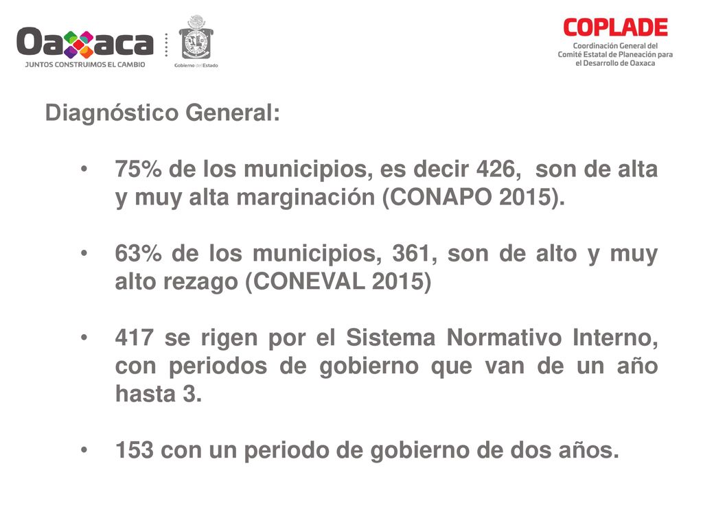 Diagnóstico General: 75% de los municipios, es decir 426, son de alta y muy alta marginación (CONAPO 2015).