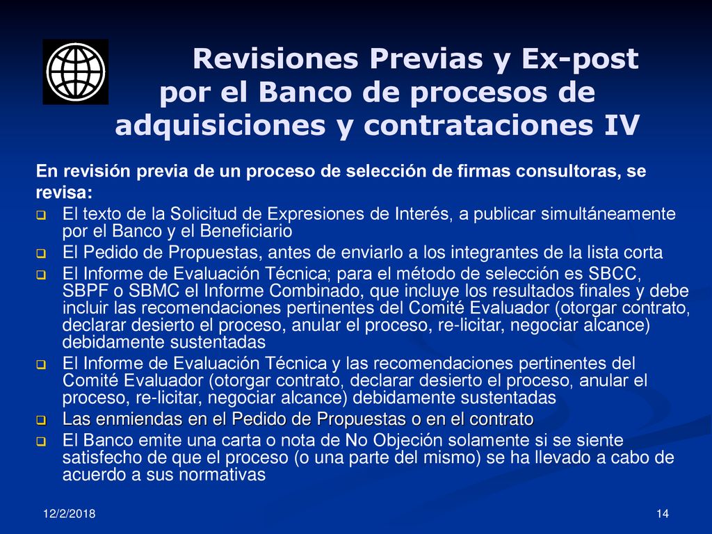 Revisiones Previas y Ex-post por el Banco de procesos de adquisiciones y contrataciones IV