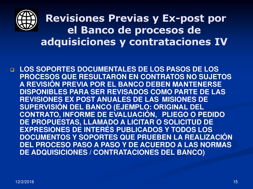 Revisiones Previas y Ex-post por el Banco de procesos de adquisiciones y contrataciones IV