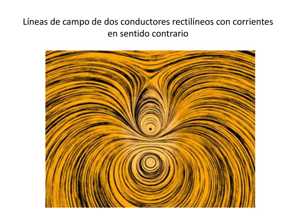 Líneas de campo de dos conductores rectilíneos con corrientes en sentido contrario