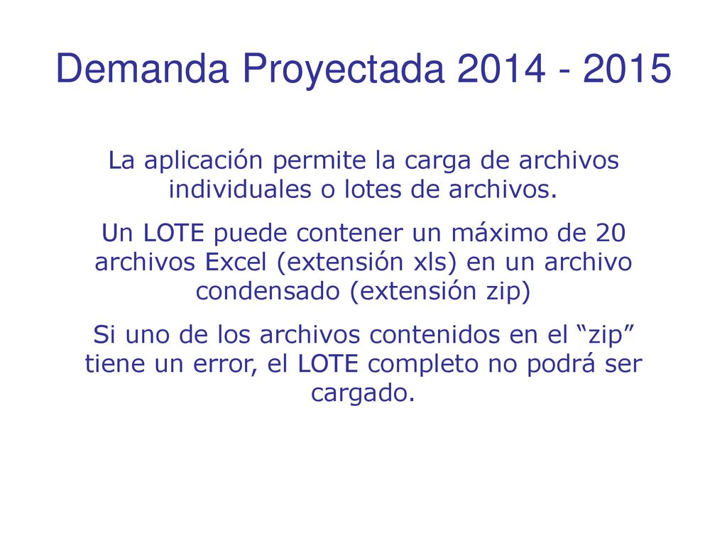 Demanda Proyectada La aplicación permite la carga de archivos individuales o lotes de archivos.