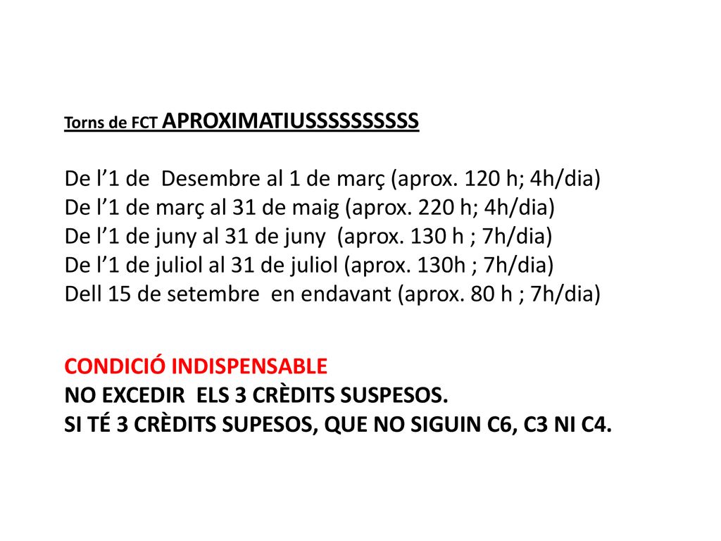 De l’1 de Desembre al 1 de març (aprox. 120 h; 4h/dia)