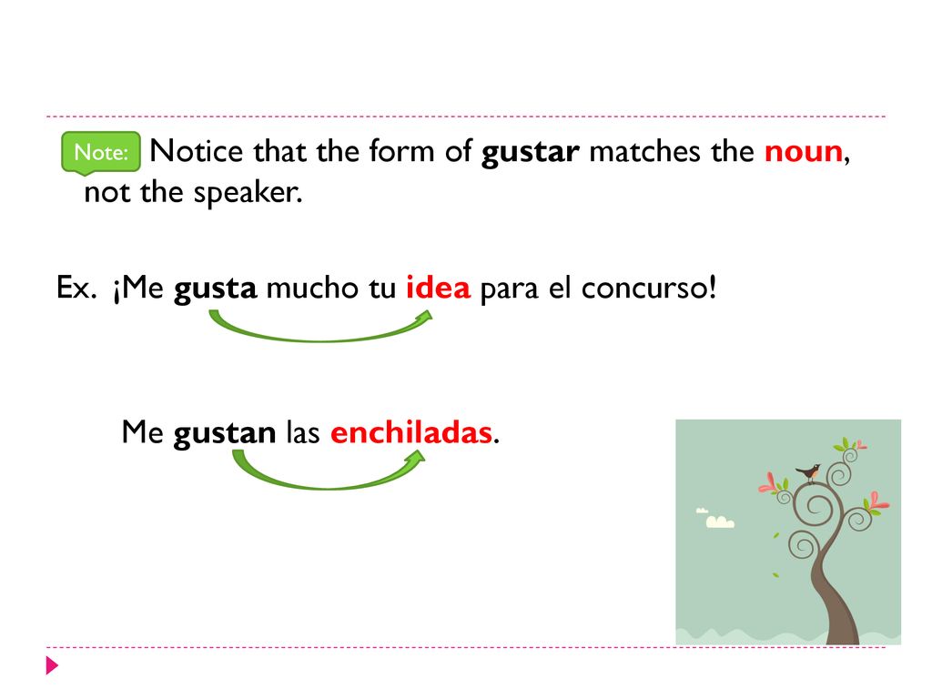 Notice that the form of gustar matches the noun, not the speaker. Ex