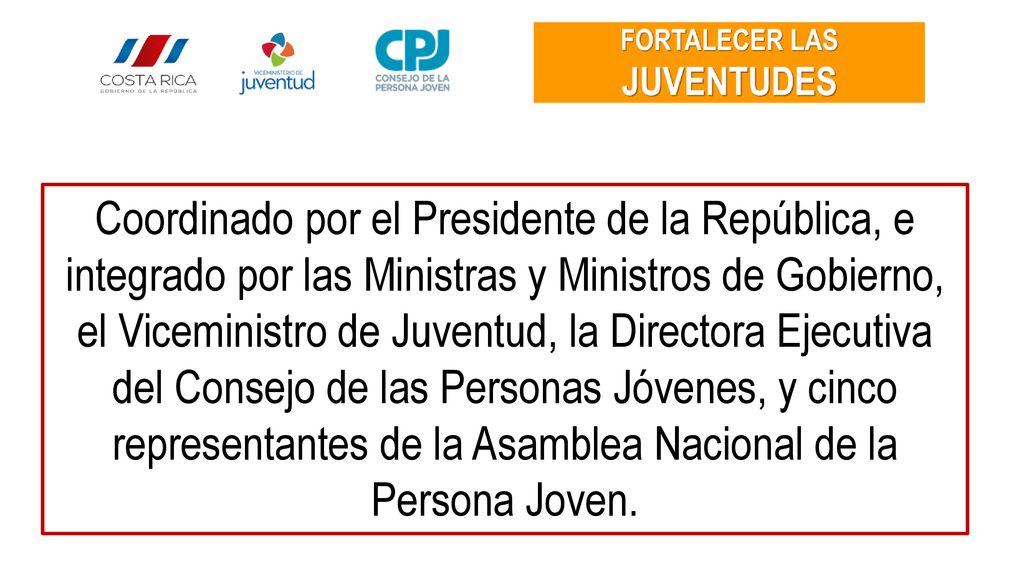 Coordinado por el Presidente de la República, e integrado por las Ministras y Ministros de Gobierno, el Viceministro de Juventud, la Directora Ejecutiva del Consejo de las Personas Jóvenes, y cinco representantes de la Asamblea Nacional de la Persona Joven.