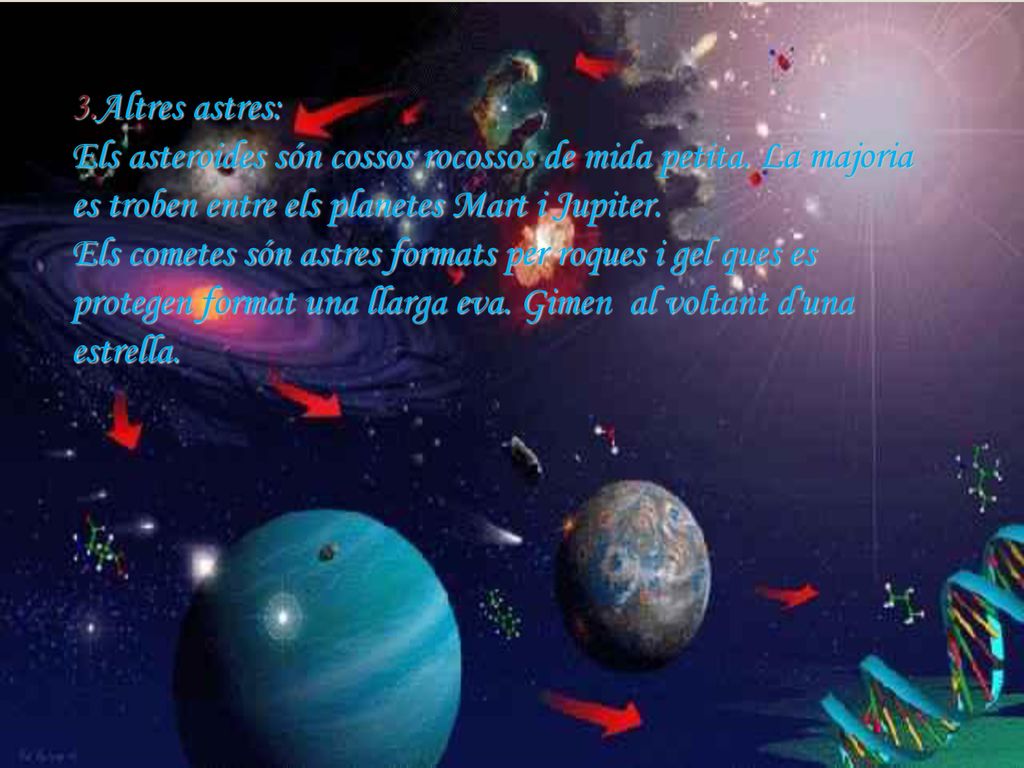 3. Altres astres: Els asteroides són cossos rocossos de mida petita