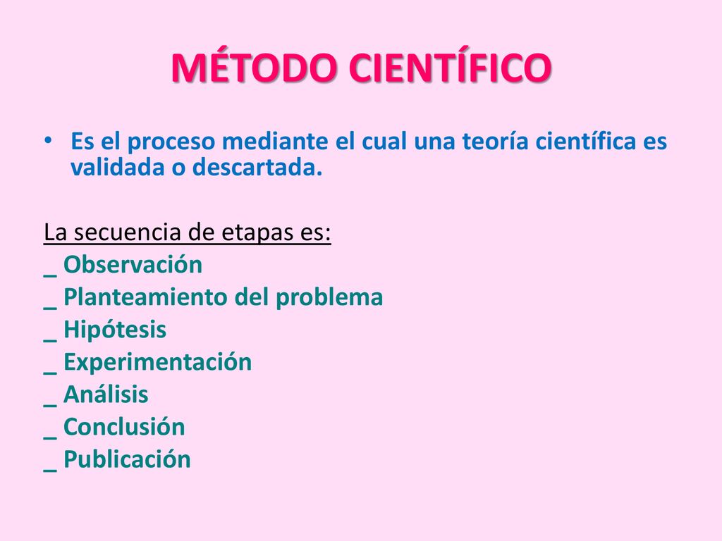 MÉTODO CIENTÍFICO Es el proceso mediante el cual una teoría científica es validada o descartada.