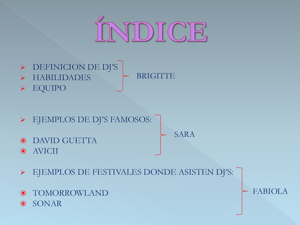 ÍNDICE DEFINICION DE DJ’S HABILIDADES EQUIPO EJEMPLOS DE DJ’S FAMOSOS: