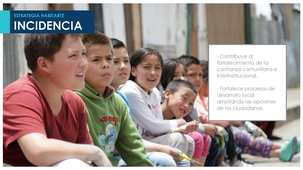 ESTRATEGIA HABITARTE INCIDENCIA. - Contribuye al fortalecimiento de la confianza comunitaria e interinstitucional.