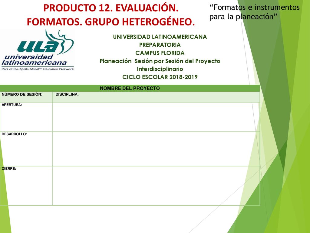 PRODUCTO 12. EVALUACIÓN. FORMATOS. GRUPO HETEROGÉNEO.