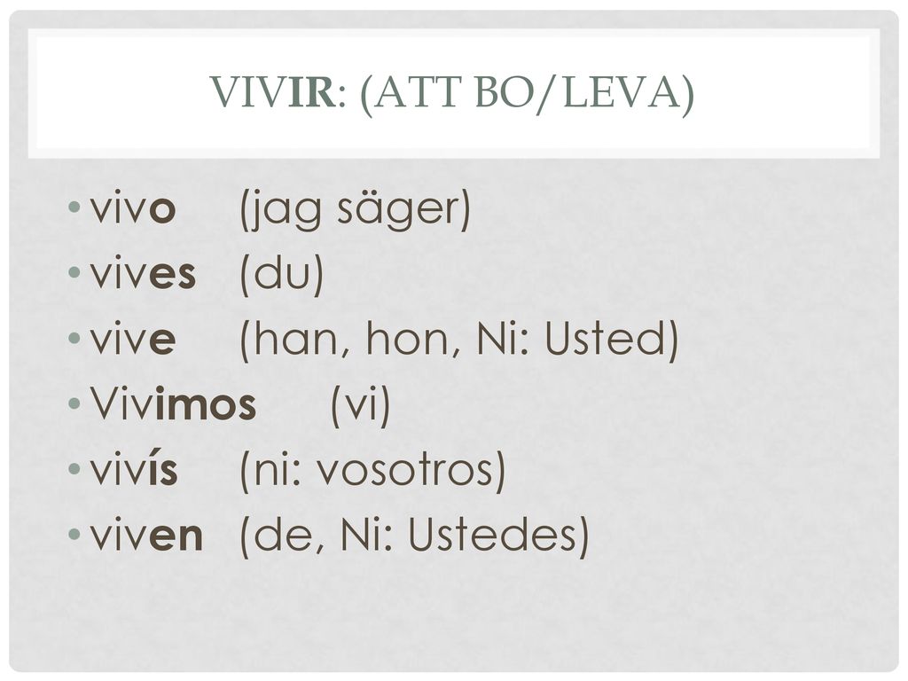 vive (han, hon, Ni: Usted) Vivimos (vi) vivís (ni: vosotros)