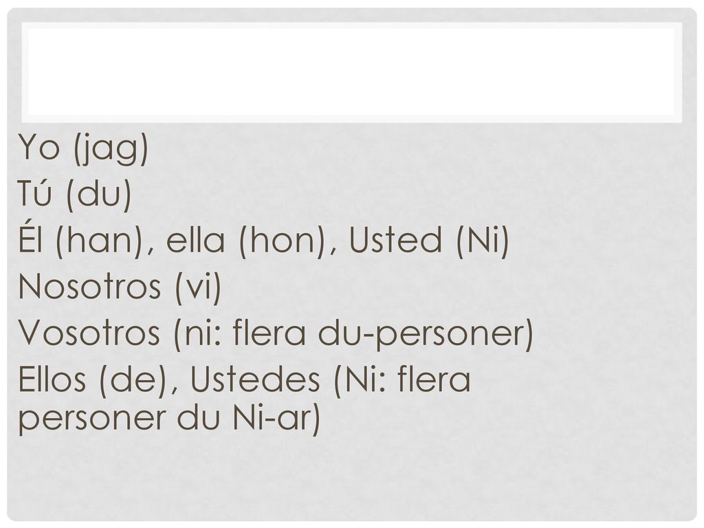 Yo (jag) Tú (du) Él (han), ella (hon), Usted (Ni) Nosotros (vi) Vosotros (ni: flera du-personer) Ellos (de), Ustedes (Ni: flera personer du Ni-ar)