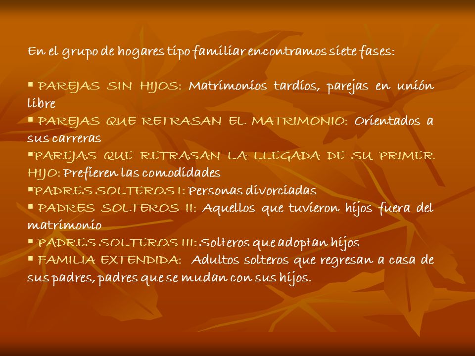 En el grupo de hogares tipo familiar encontramos siete fases: