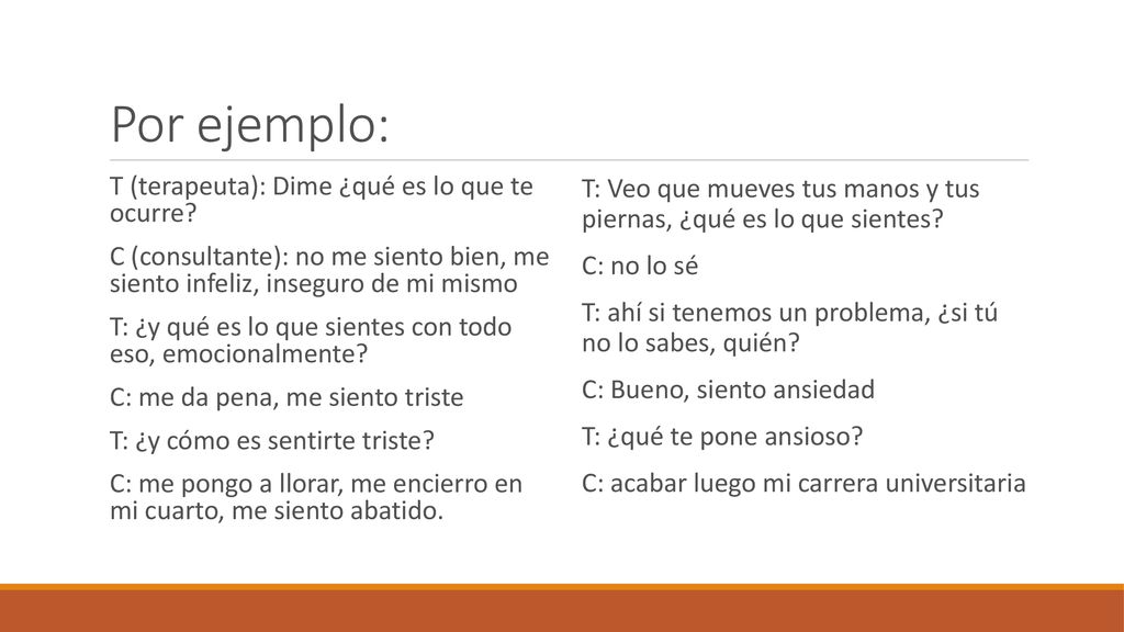 Por ejemplo: T (terapeuta): Dime ¿qué es lo que te ocurre