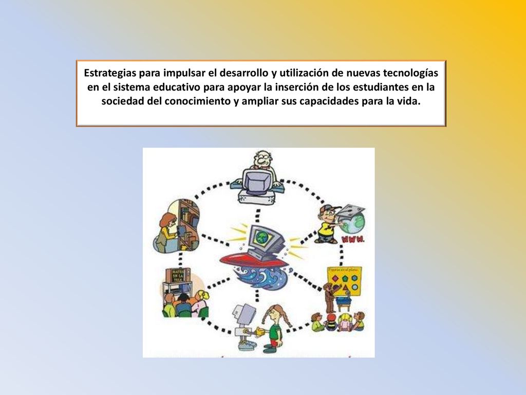 Estrategias para impulsar el desarrollo y utilización de nuevas tecnologías en el sistema educativo para apoyar la inserción de los estudiantes en la sociedad del conocimiento y ampliar sus capacidades para la vida.