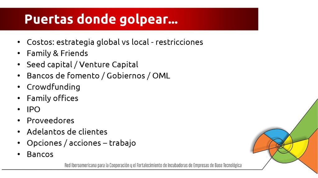 Puertas donde golpear... Costos: estrategia global vs local - restricciones. Family & Friends. Seed capital / Venture Capital.