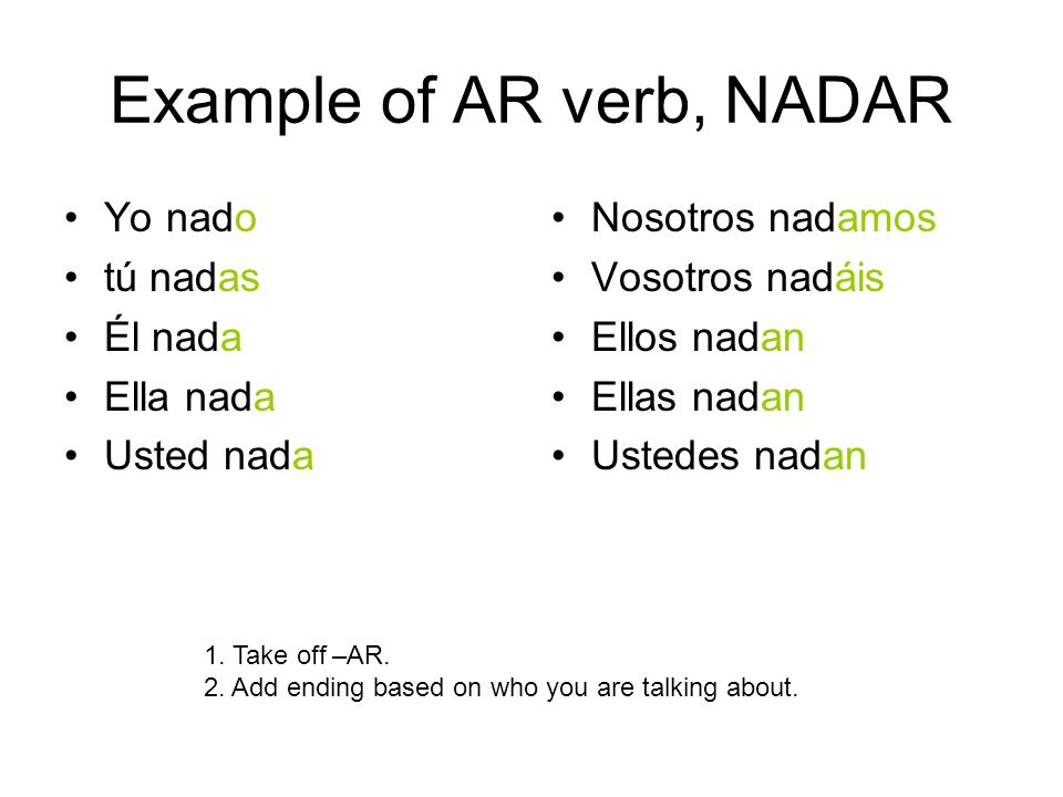 Example of AR verb, NADAR