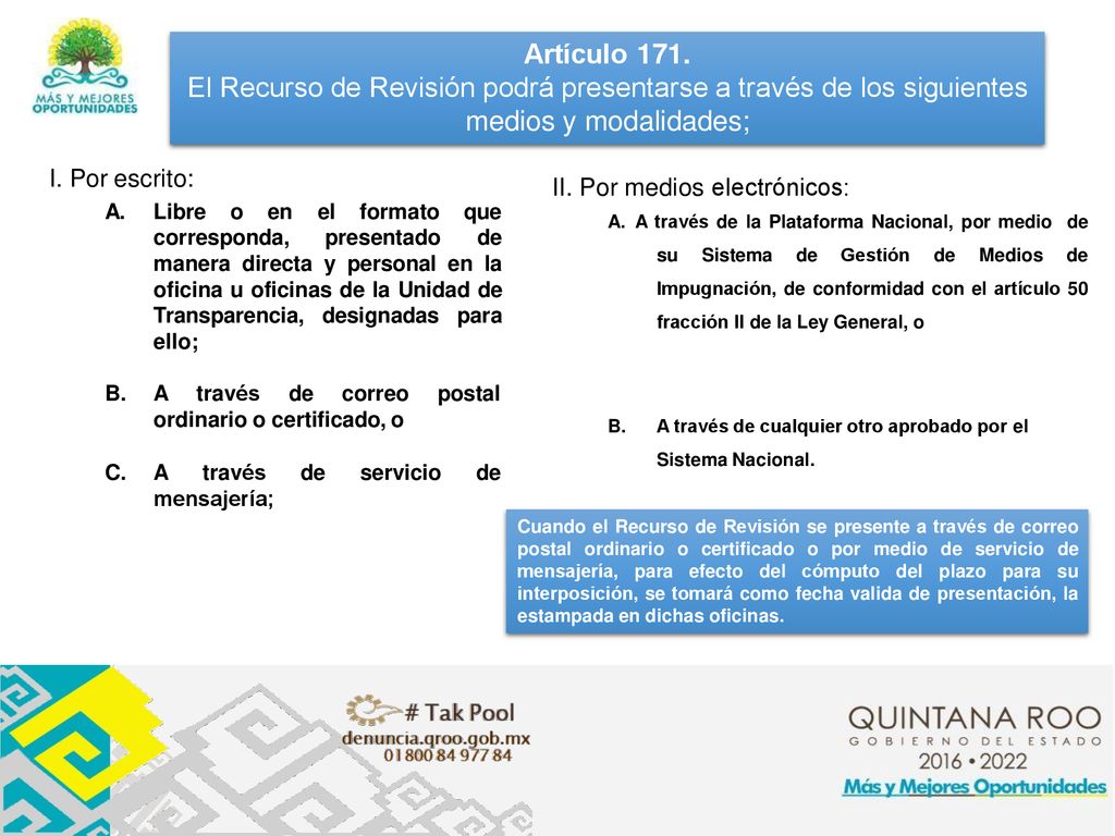 Artículo 171. El Recurso de Revisión podrá presentarse a través de los siguientes medios y modalidades;