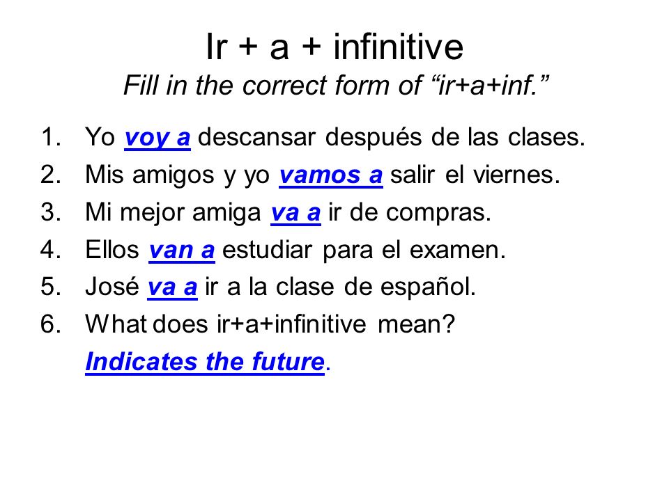 Ir + a + infinitive Fill in the correct form of ir+a+inf.