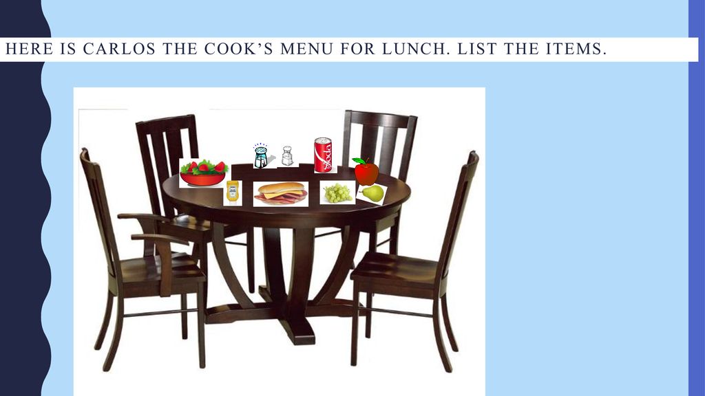 Here is Carlos the cook’s menu for lunch. List the items.