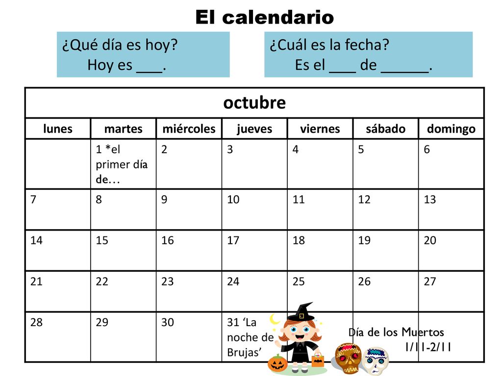 El calendario octubre ¿Qué día es hoy Hoy es . ¿Cuál es la fecha