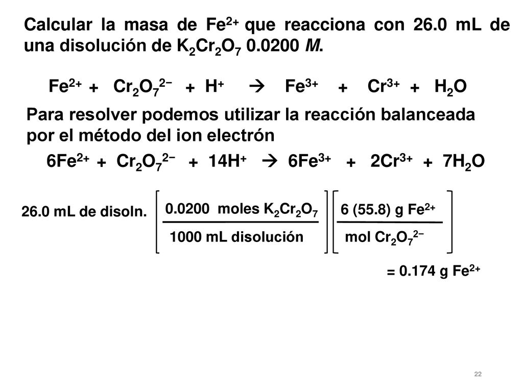 Fe2+ + Cr2O72− + H+  Fe3+ + Cr3+ + H2O
