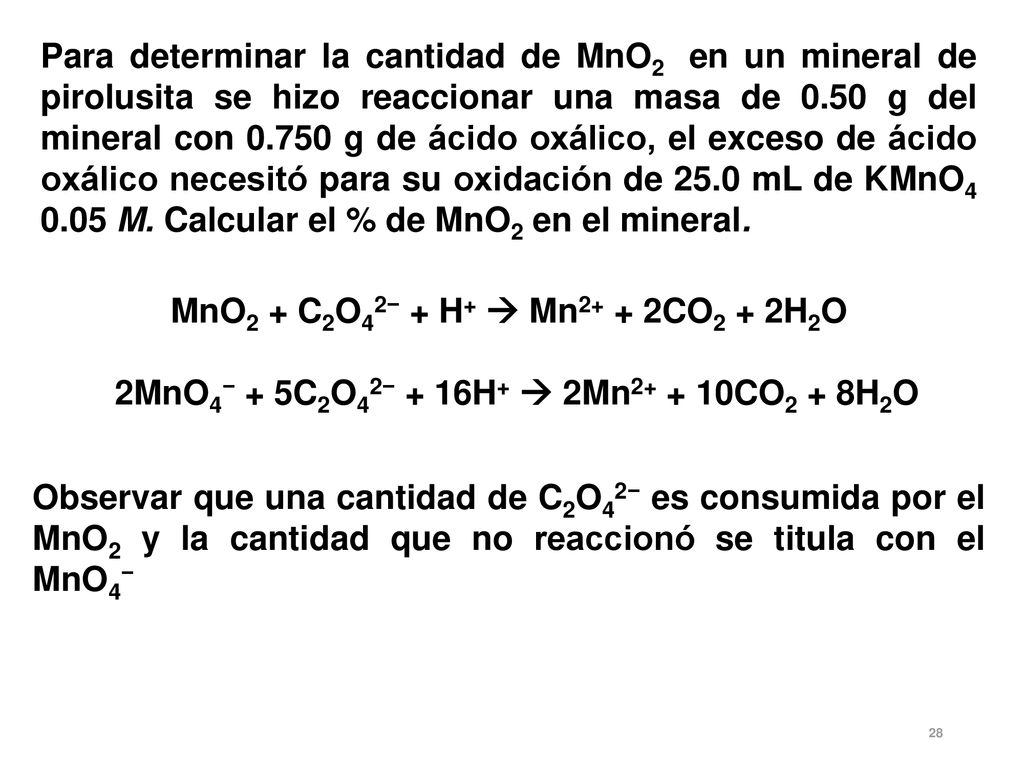 MnO2 + C2O42− + H+  Mn2+ + 2CO2 + 2H2O