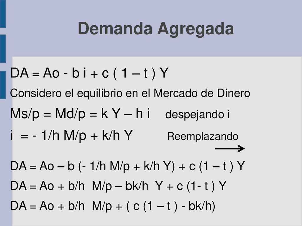 Demanda Agregada DA = Ao - b i + c ( 1 – t ) Y