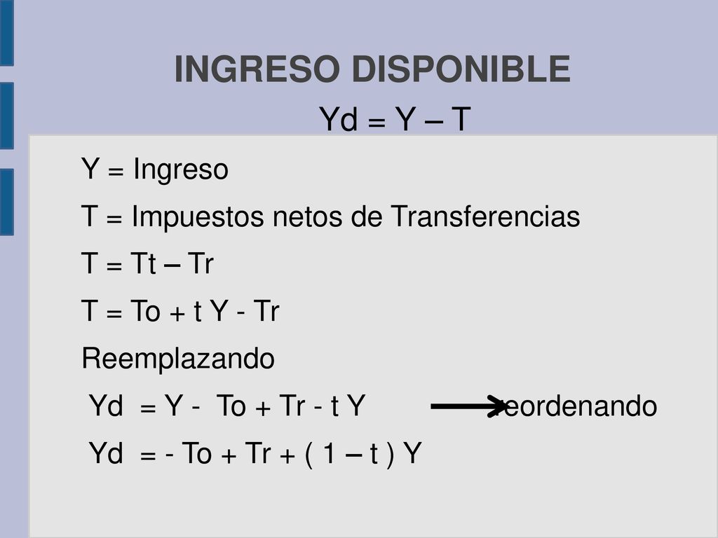 INGRESO DISPONIBLE Yd = Y – T Y = Ingreso