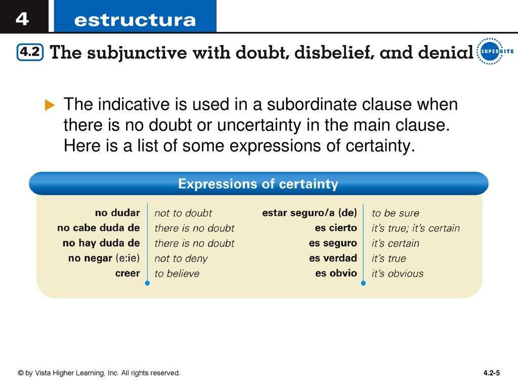 The indicative is used in a subordinate clause when there is no doubt or uncertainty in the main clause. Here is a list of some expressions of certainty.