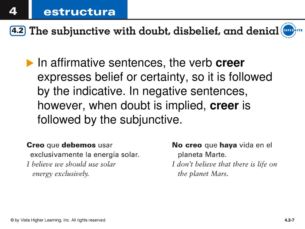 In affirmative sentences, the verb creer expresses belief or certainty, so it is followed by the indicative. In negative sentences, however, when doubt is implied, creer is followed by the subjunctive.