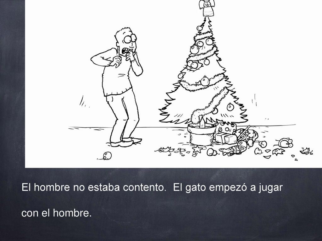 El hombre no estaba contento. El gato empezó a jugar con el hombre.