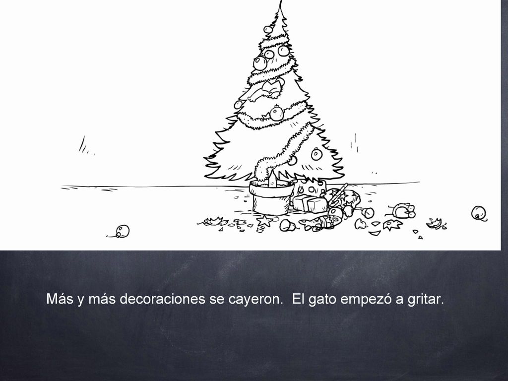 Más y más decoraciones se cayeron. El gato empezó a gritar.