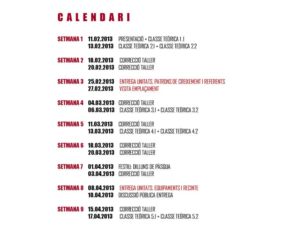 C A L E N D A R I SETMANA PRESENTACIÓ + CLASSE TEÒRICA CLASSE TEÒRICA CLASSE TEÒRICA 2.2.