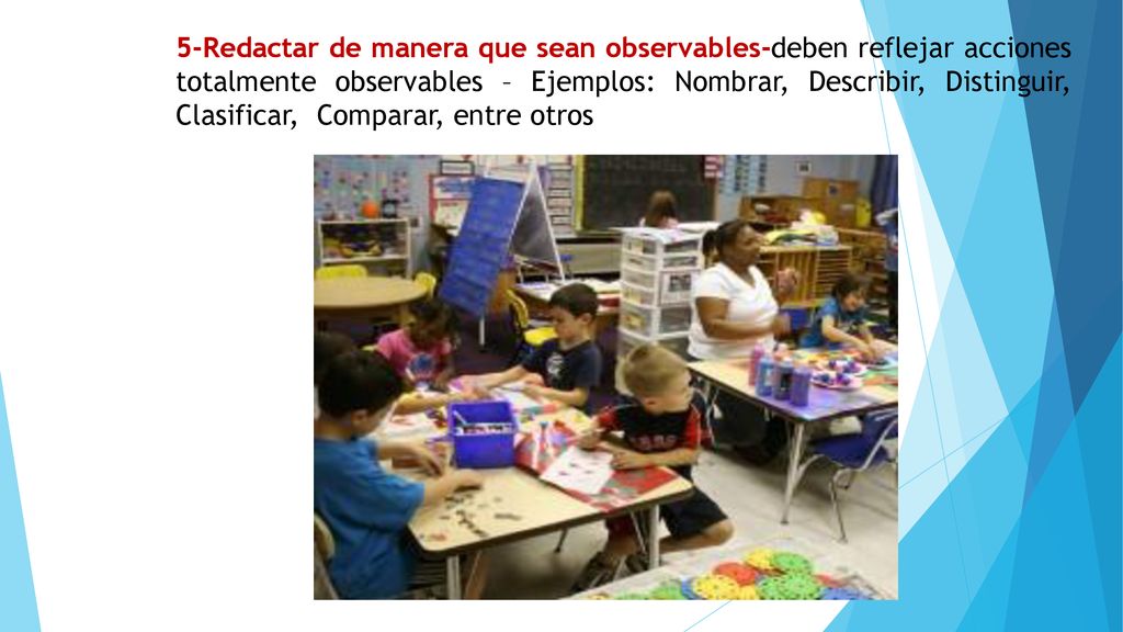 5-Redactar de manera que sean observables-deben reflejar acciones totalmente observables – Ejemplos: Nombrar, Describir, Distinguir, Clasificar, Comparar, entre otros