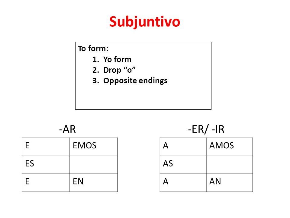 Subjuntivo -AR -ER/ -IR E EMOS ES EN A AMOS AS AN To form: 1. Yo form