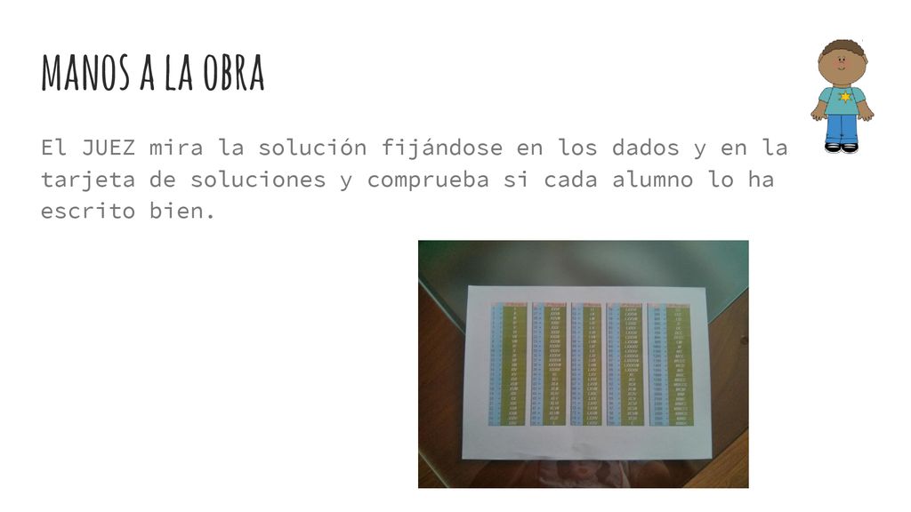 manos a la obra El JUEZ mira la solución fijándose en los dados y en la tarjeta de soluciones y comprueba si cada alumno lo ha escrito bien.