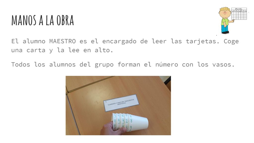 manos a la obra El alumno MAESTRO es el encargado de leer las tarjetas. Coge una carta y la lee en alto.
