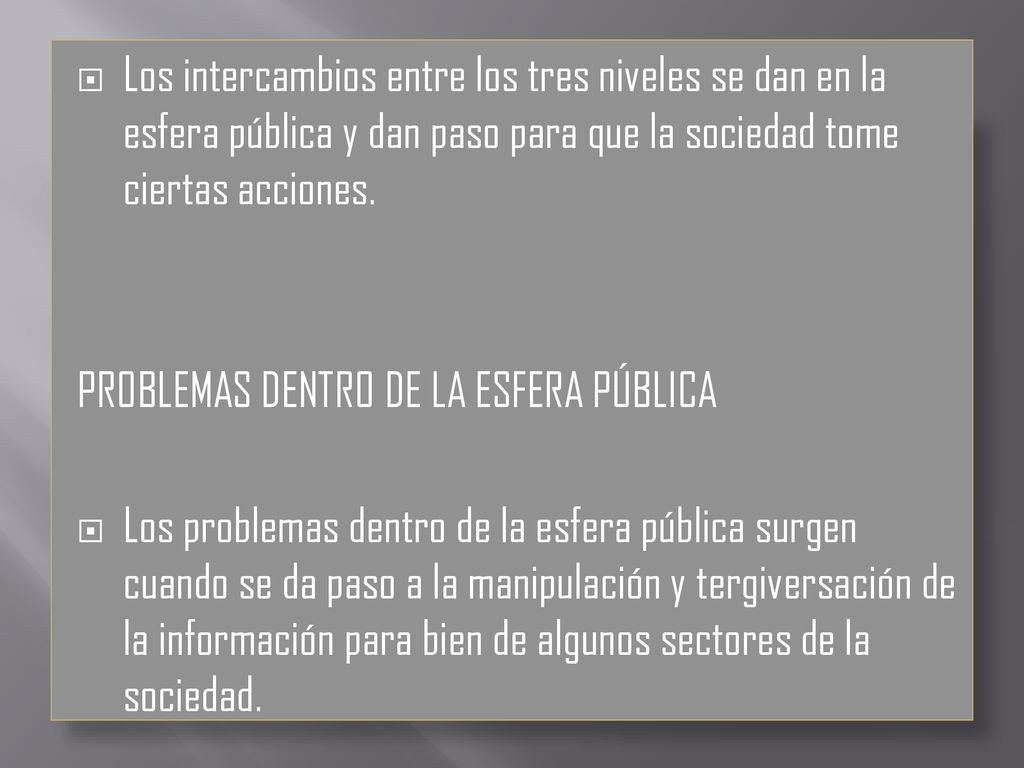 Los intercambios entre los tres niveles se dan en la esfera pública y dan paso para que la sociedad tome ciertas acciones.