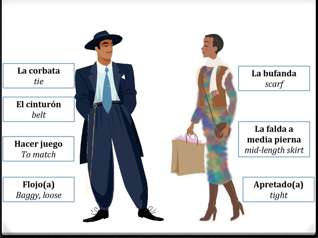 La corbata tie. La bufanda. scarf. El cinturón. belt. La falda a media pierna. mid-length skirt.