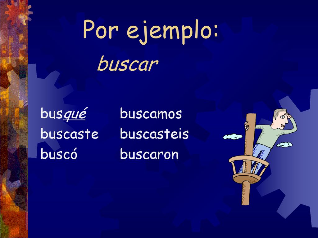 Por ejemplo: buscar busqué buscaste buscó buscamos buscasteis buscaron