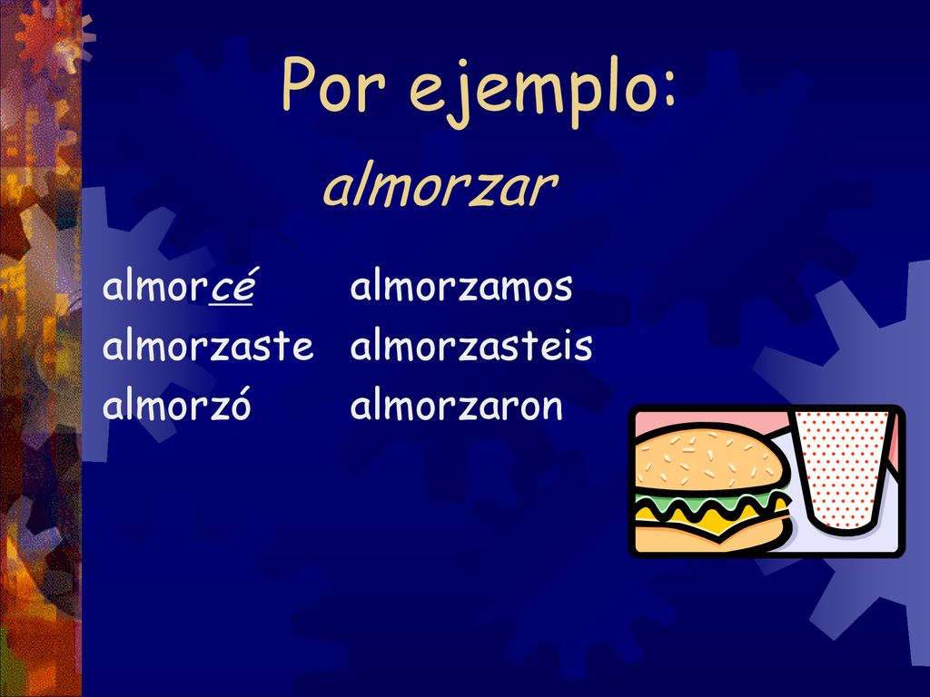 Por ejemplo: almorzar almorcé almorzaste almorzó almorzamos