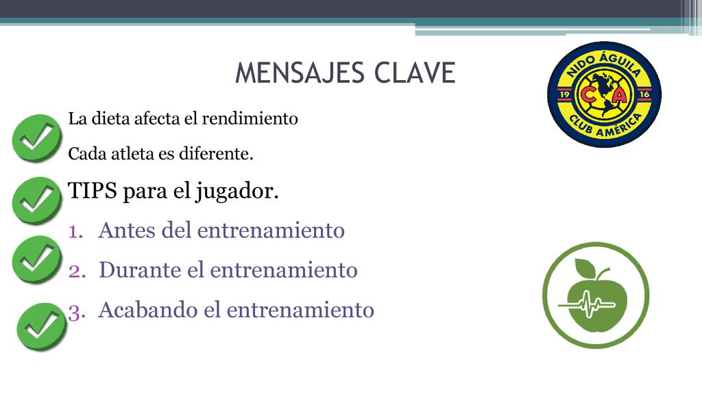 MENSAJES CLAVE TIPS para el jugador. Antes del entrenamiento