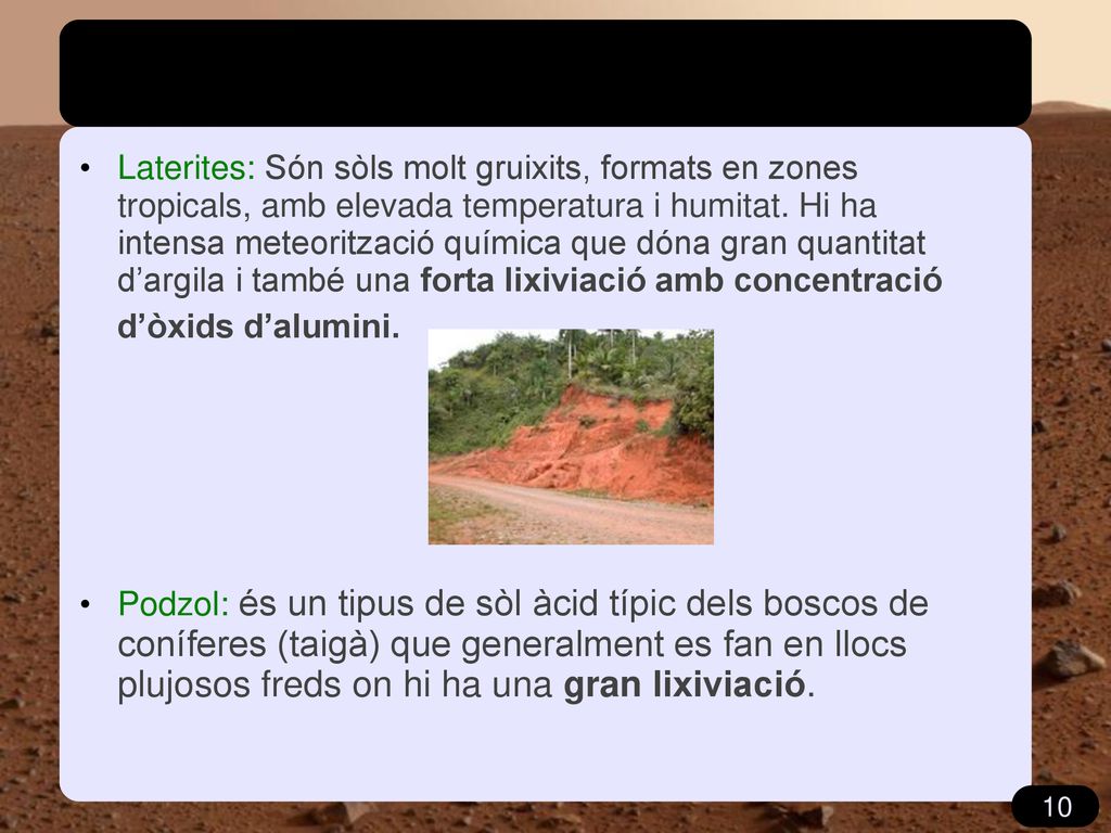 Laterites: Són sòls molt gruixits, formats en zones tropicals, amb elevada temperatura i humitat. Hi ha intensa meteorització química que dóna gran quantitat d’argila i també una forta lixiviació amb concentració