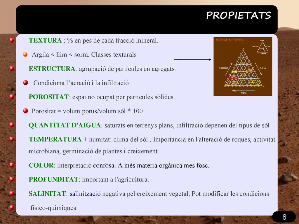 PROPIETATS TEXTURA : % en pes de cada fracció mineral.