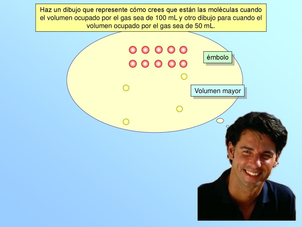 Haz un dibujo que represente cómo crees que están las moléculas cuando el volumen ocupado por el gas sea de 100 mL y otro dibujo para cuando el volumen ocupado por el gas sea de 50 mL.