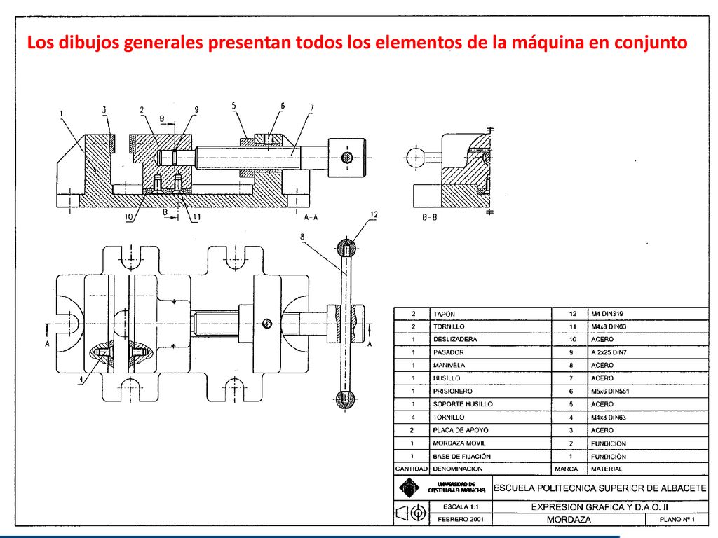 Los dibujos generales presentan todos los elementos de la máquina en conjunto